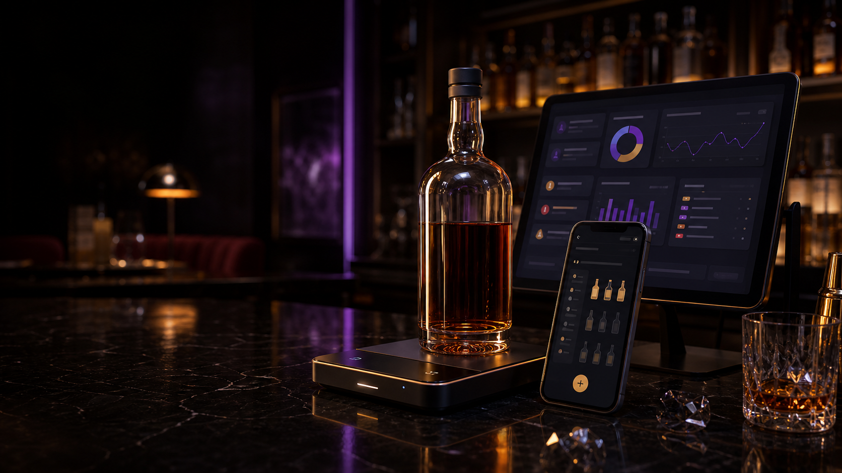 Premium liquor bottle on a digital scale beside a mobile counting screen and manager dashboard.